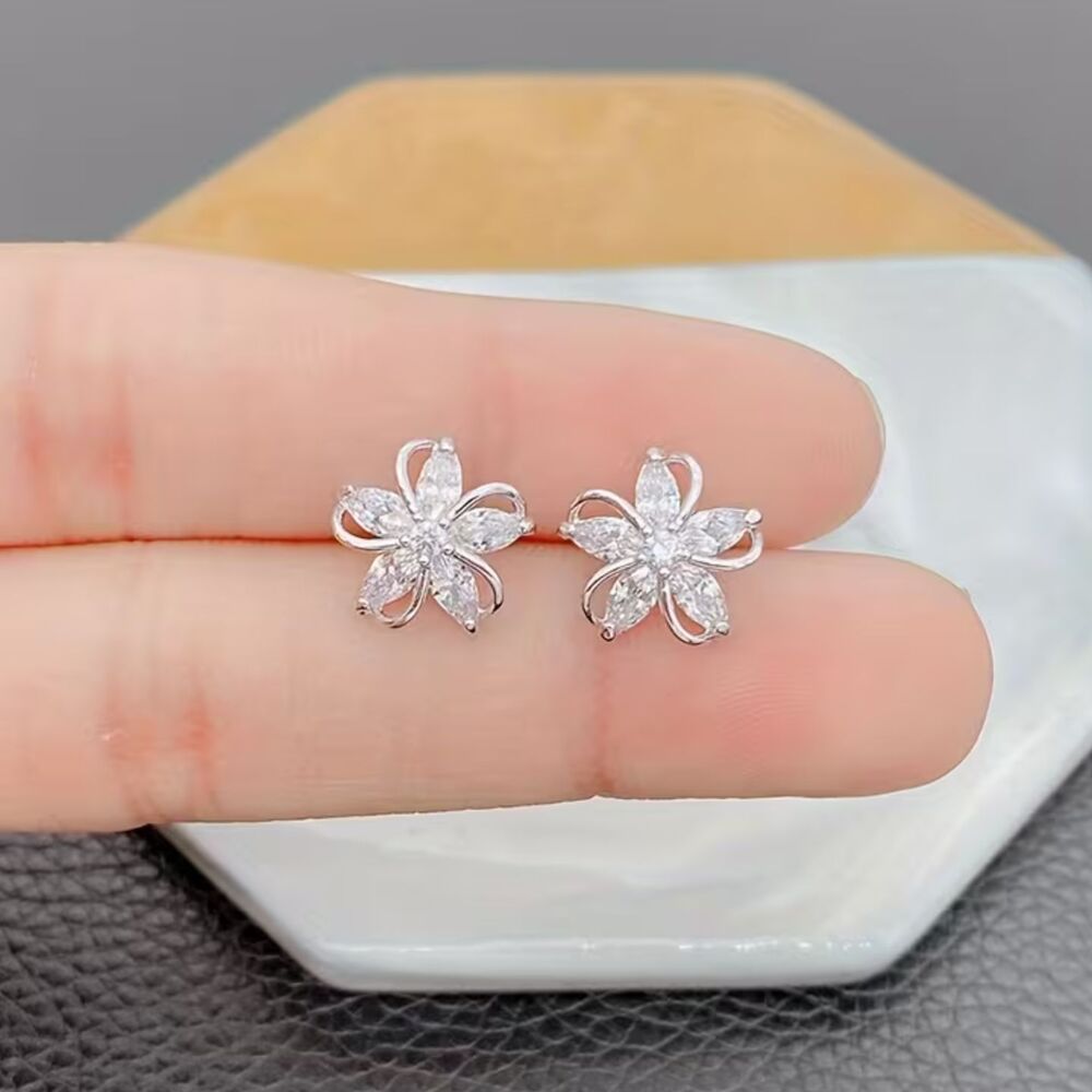 Silver Zirconia Crystal Flower Post Earrings Clear Gemstone Lightweight Feminine